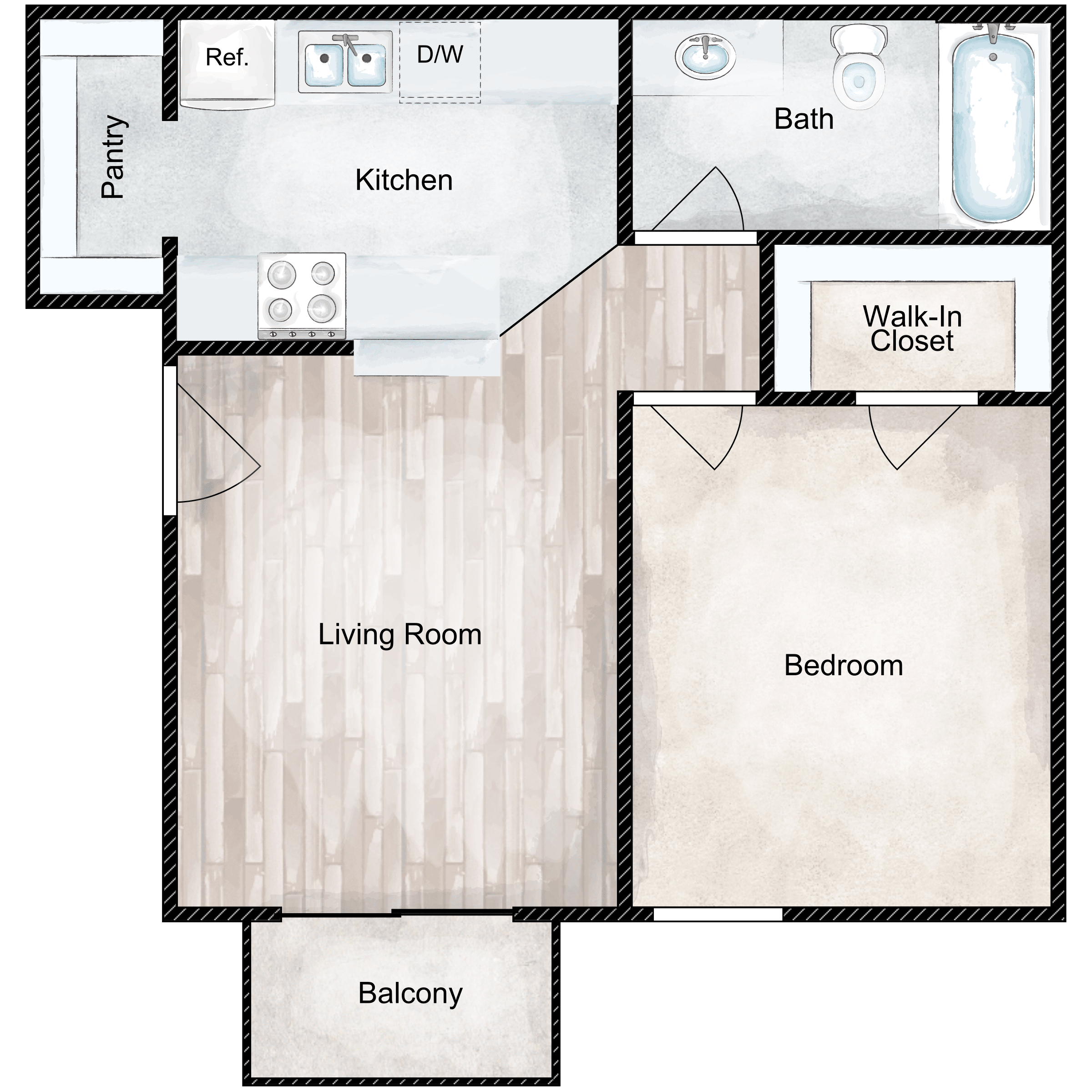 Floor plan for 1 bed, 1 bath, 483 sqft